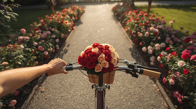Riding a bicycle with a bouquet of roses in a beautiful garden on a sunny day outdoors