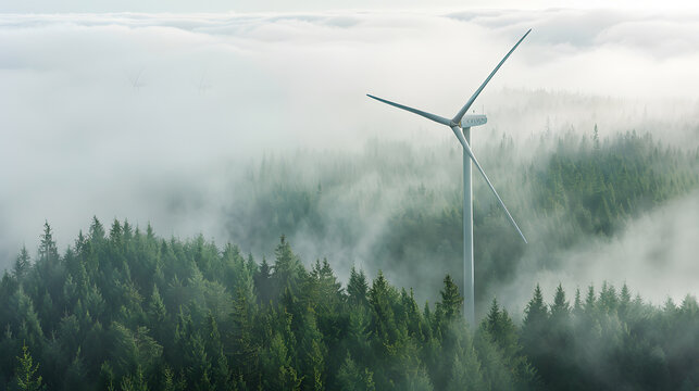 Offshore Wind Turbine in Misty Evergreen Forest, Clean Renewable Energy Landscape
