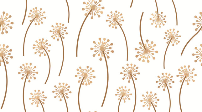 Soft beige dandelion seed heads pattern with curved stems on a clean white background &mdash; seamless botanical design
