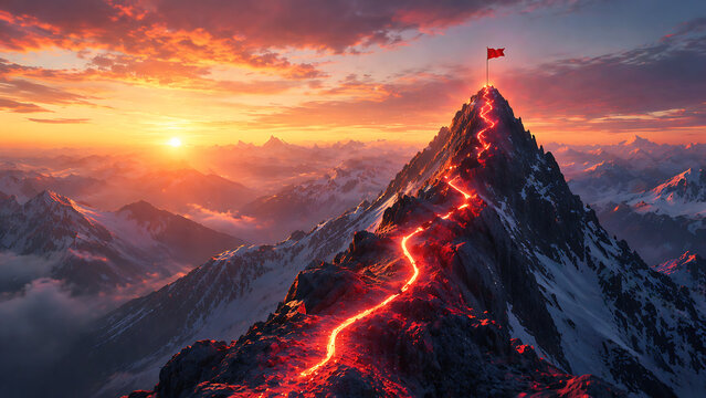 Glowing bright fiery hot lava path leading up to a red flag at the peak of a high snowy mountain during a beautiful sunset achievement