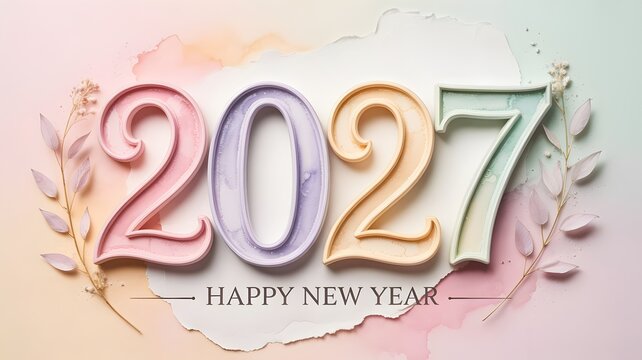 Happy New Year 2027 Background with Pastel 3D Numbers and Watercolor Leaf Illustrations