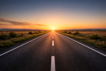Naklejka premium Long straight empty asphalt highway road stretching into the distant horizon during a beautiful golden sunset representing a journey of freedom and endless travel possibilities