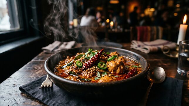 A steaming hot bowl of food with green herbs and red peppers sits on a wooden table in a dimly lit restaurant with people in the background