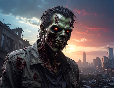 A zombie stands in a desolate cityscape at sunset