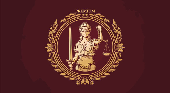 Golden Lady Justice emblem with sword and scales in a circular frame.