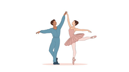 Fototapeta premium Professional male and female ballet dancers performing elegant dance routine together on stage against plain white background.