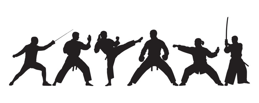 Martial arts silhouettes, karate vector icons, fighting poses, black martial arts illustrations