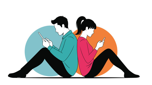Silhouette of a young couple sitting back-to-back and focusing on their smartphones instead of talking for modern relationship concept.