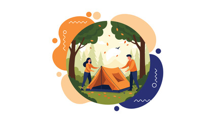 Fototapeta premium Young couple working together to set up an orange tent for a camping trip in a lush green forest during the beautiful autumn season.