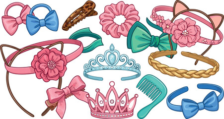 Colorful Set of Cute Hair Accessories for Girls Featuring Bows Crowns and Headbands in Cartoon Style © Sufea