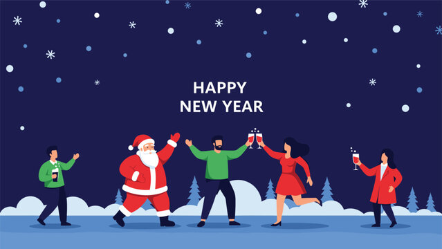 Group of diverse people and Santa Claus celebrating Happy New Year with drinks in a snowy winter landscape at night for holiday party.