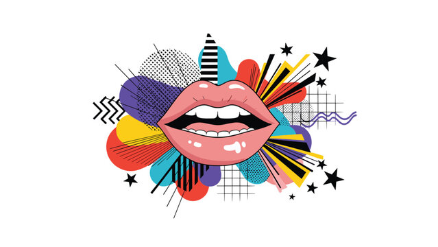 Stylized pink lips showing teeth surrounded by colorful abstract patterns and stars in a retro pop art graphic illustration.