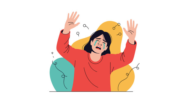 Woman with dark hair and a red shirt showing a distressed facial expression with tears in her eyes and hands raised in despair.