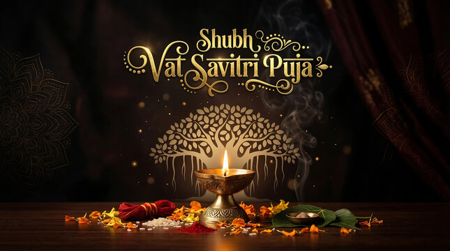 Shubh vat savitri puja ritual with glowing diya sacred banyan tree motif marigold flowers red cloth and offerings on a wooden surface evoking devotion and tradition