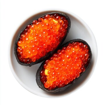 Gunkan maki - Japan oval-shaped sushi with salmon roe filling isolated on a white background