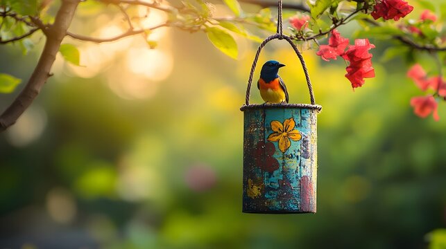 A vibrant bird perched on a handcrafted colorful feeder made from recycled materials hanging outdoors among blooming flowers with soft sunlight filtering through leaves creating a warm natural.