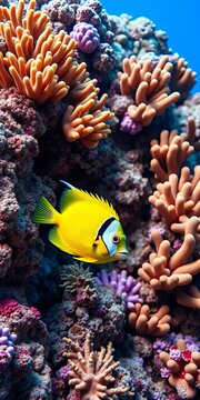 Stunning coral formation with vibrant yellowtail damselfish swimming amidst, red sea, hard coral
