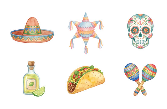 Watercolor Cinco de Mayo Festival Elements Set with Sombrero Pi&ntilde;ata Sugar Skull Tequila Taco and Maracas