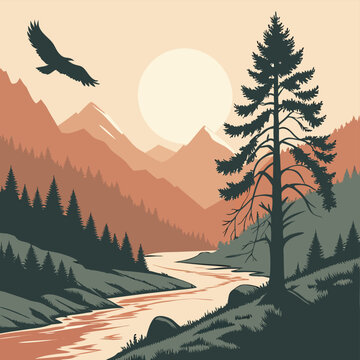 Flat Nature Landscape Sunset Vector