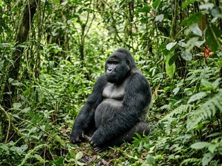 Fototapeta premium silverback gorilla sitting in lush green tropical jungle rainforest