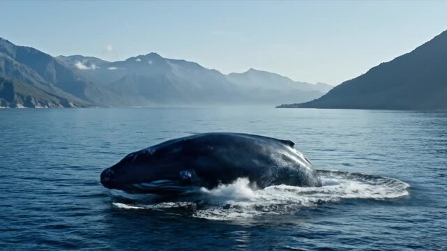 Large whale performs a vertical breach from the calm surface of a deep blue ocean against a scenic backdrop of misty coastal mountains and clear sky in a fjord environment.