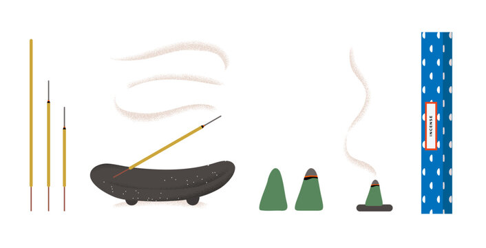 Incense stick and cone set with burning smoke and packaging box