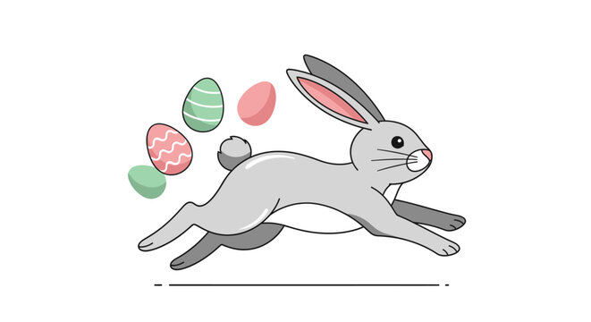 Easter Bunny Rabbit Running with Colorful Eggs Illustration.