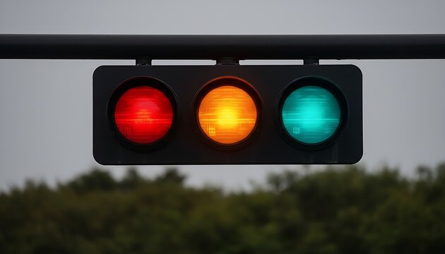 All three lights of a horizontal traffic signal glow simultaneously above a road