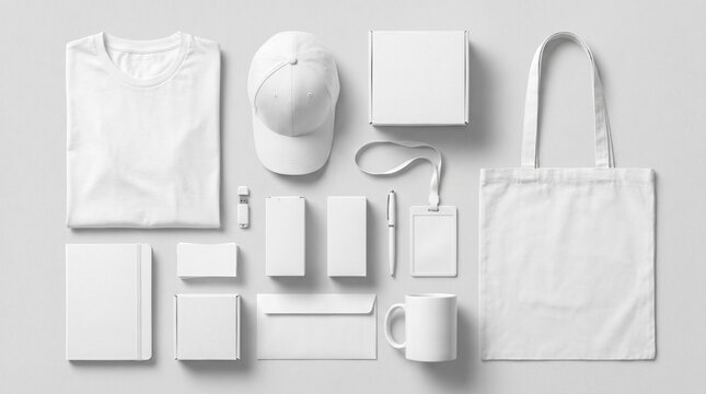 Various white products arranged on a surface for display