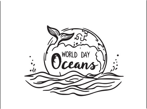 World day oceans text with earth globe and whale tail on transparent background.