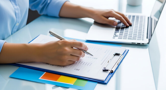 Professional hands multitasking at an office desk, typing on a laptop and writing notes on documents, reflecting focused work, efficient productivity, and workflow