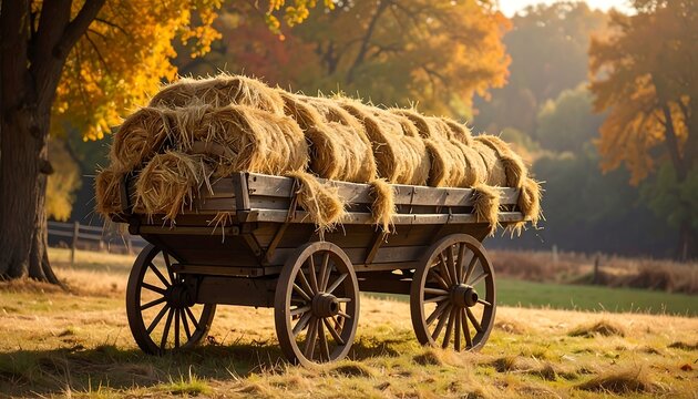 Autumnal hay bales on a weathered wooden wagon in a field, bathed in golden light under a leafy canopy