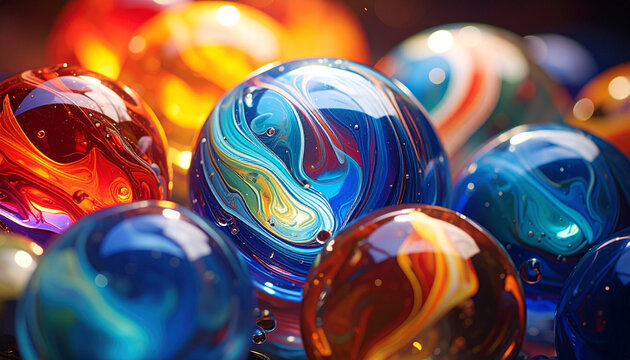 Close up of vibrant colored marbles reflecting light and patterns