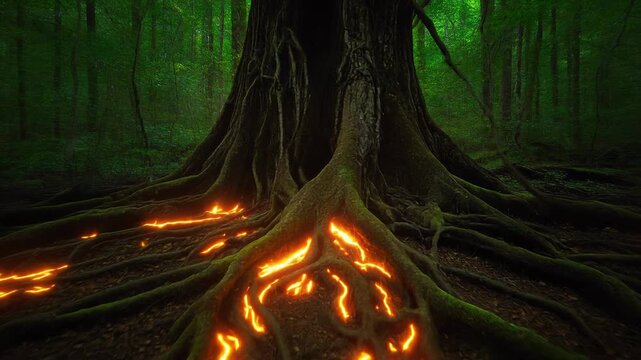 Glowing root base of a forest giant