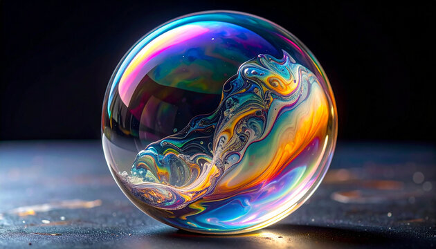 Colorful soap bubble on dark surface