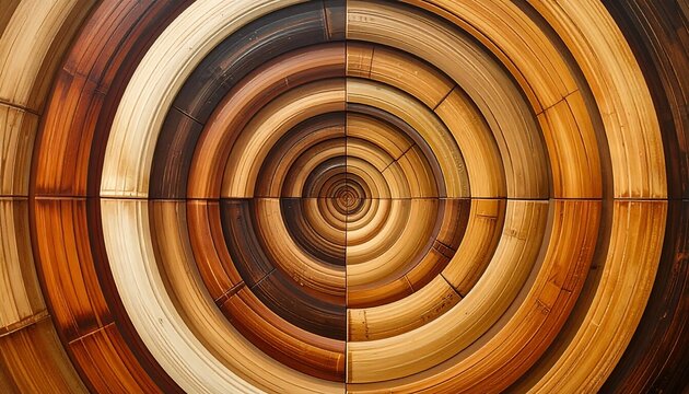Circular wooden texture design, with varying shades of brown and natural wood. Each concentric ring is sectioned in quadrants