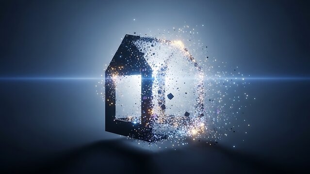 A 3D house icon explodes into particles and light on a dark background with a glowing effect