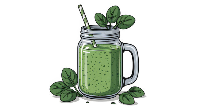 Vibrant green smoothie in a rustic glass jar with a straw and fresh spinach leaves capturing a healthy lifestyle and organic