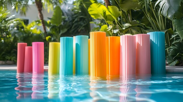 Brightly colored pool noodles arranged in a row at the edge of a clear blue swimming pool surrounded by lush green tropical plants under sunny outdoor lighting for vibrant summer fun.
