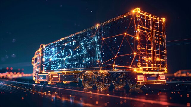Digital heavy truck wireframe with glowing network dots on highway for smart logistics