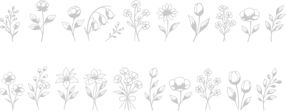 A collection of various flowers and leaves illustrated in a vector file for decorative use.