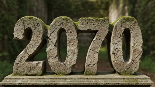 A weathered stone pedestal bears the carved numerals 2070 covered in moss