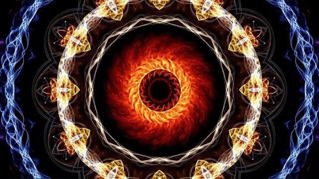Mesmerizing abstract fractal mandala animation with swirling fiery orange vortex at center surrounded by intricate golden geometric patterns and electric blue energy streams