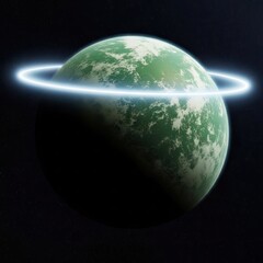 Fototapeta premium Illuminous celestial body with vibrant green surface patterns orbits against dark expanse