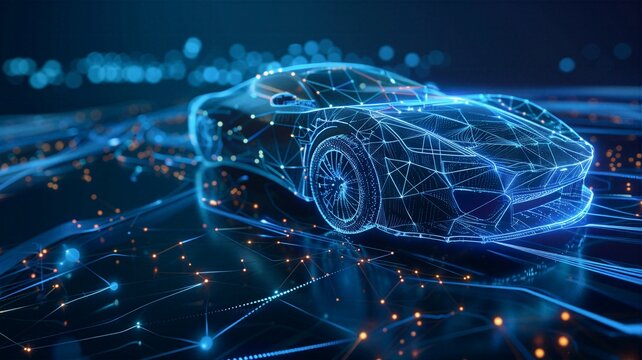 Abstract digital supercar silhouette with glowing blue wireframe and bokeh background