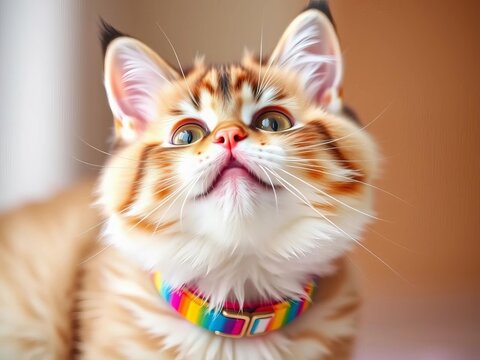 Kawaii cat with matching rainbow collar and whiskers, rainbow, collar