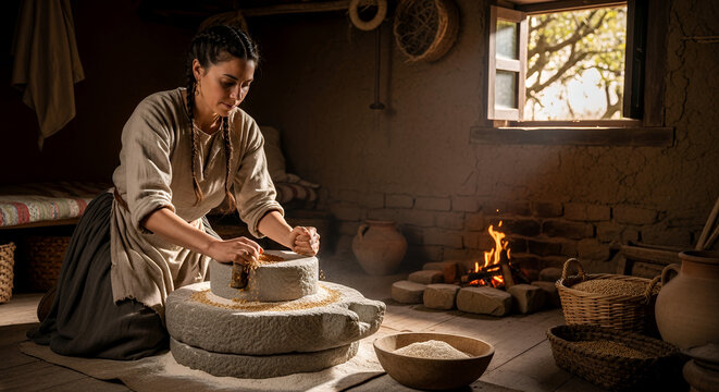 Woman grinding grain with traditional stone mill in rustic kitchen 
