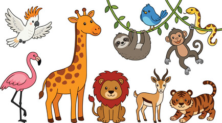 Obraz premium Vector Illustration of Various Animals Including Giraffe, Flamingo, Lion, Sloth, Monkey, and Tiger for Kids and Wildlife Designs