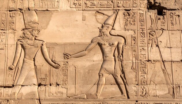 Ancient stone wall carvings with two figures, one offering a hand, and hieroglyphs above, beige and tan tones