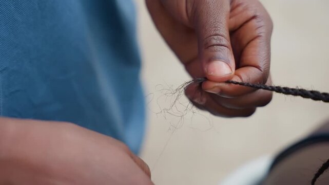 Precise technique on textured hair strands. Expertly sealing and trimming braid ends in studio setting. Capturing intricate process of finishing braids with studioquality craftsmanship